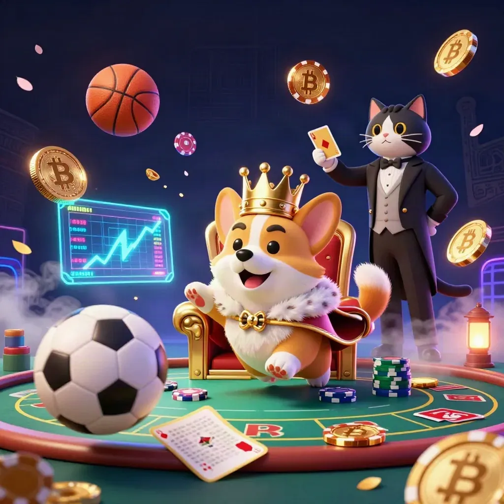 Royal corgi and cat butler amid neon casino sports chaos, chips, coins, and light.