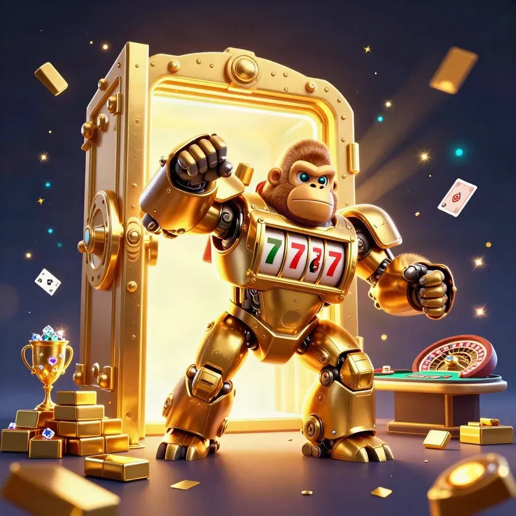 Golden gorilla mech and tiny monkey pilot burst from a vault in luxe casino light.