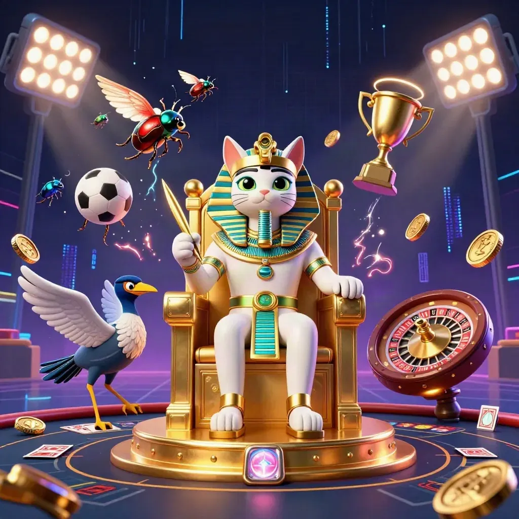 Pharaoh cat, ibis scribe, scarabs, casino lights, sports balls, coins, and neon energy