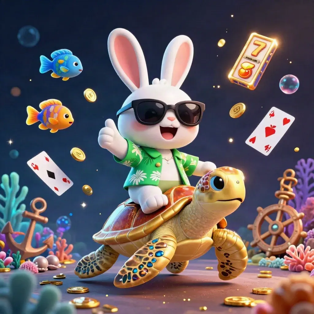 Lucky rabbit rides golden sea turtle amid treasure cove, coins, coral, and neon casino glow.