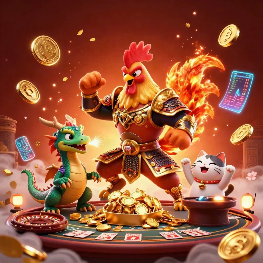 Samurai rooster, dragon hatchling, and fortune cat amid casino coins, fire, and glowing table props.
