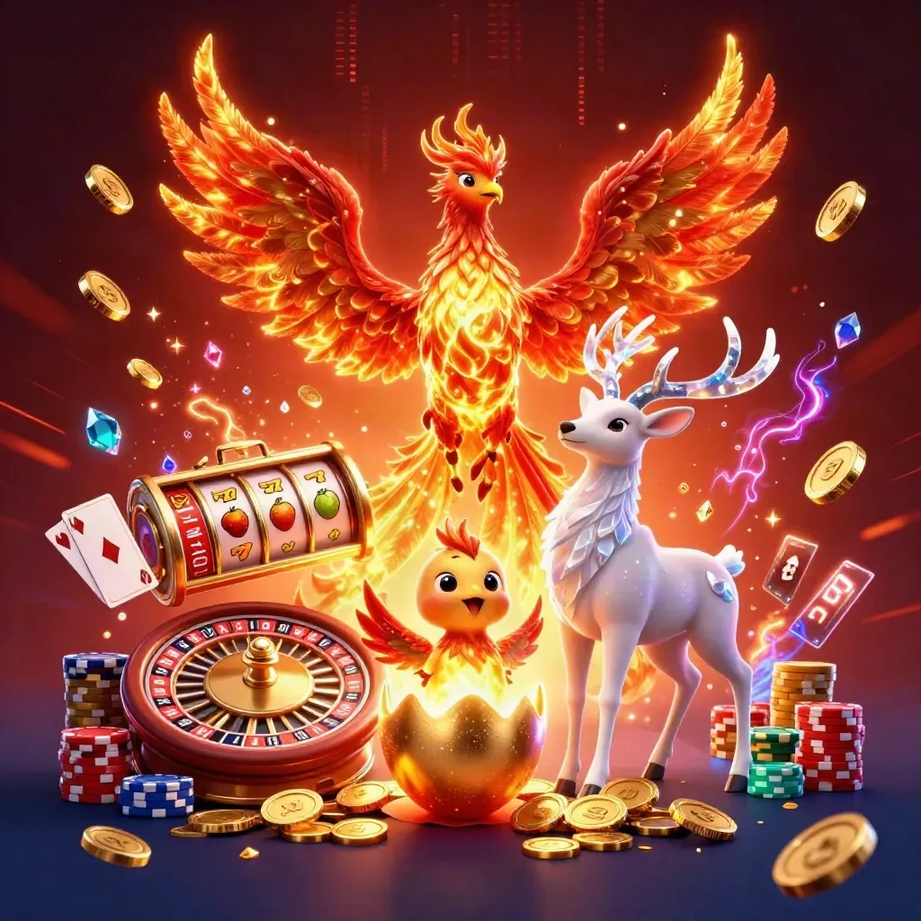Fire phoenix, baby phoenix, and crystal-antler stag amid casino coins, cards, and roulette.