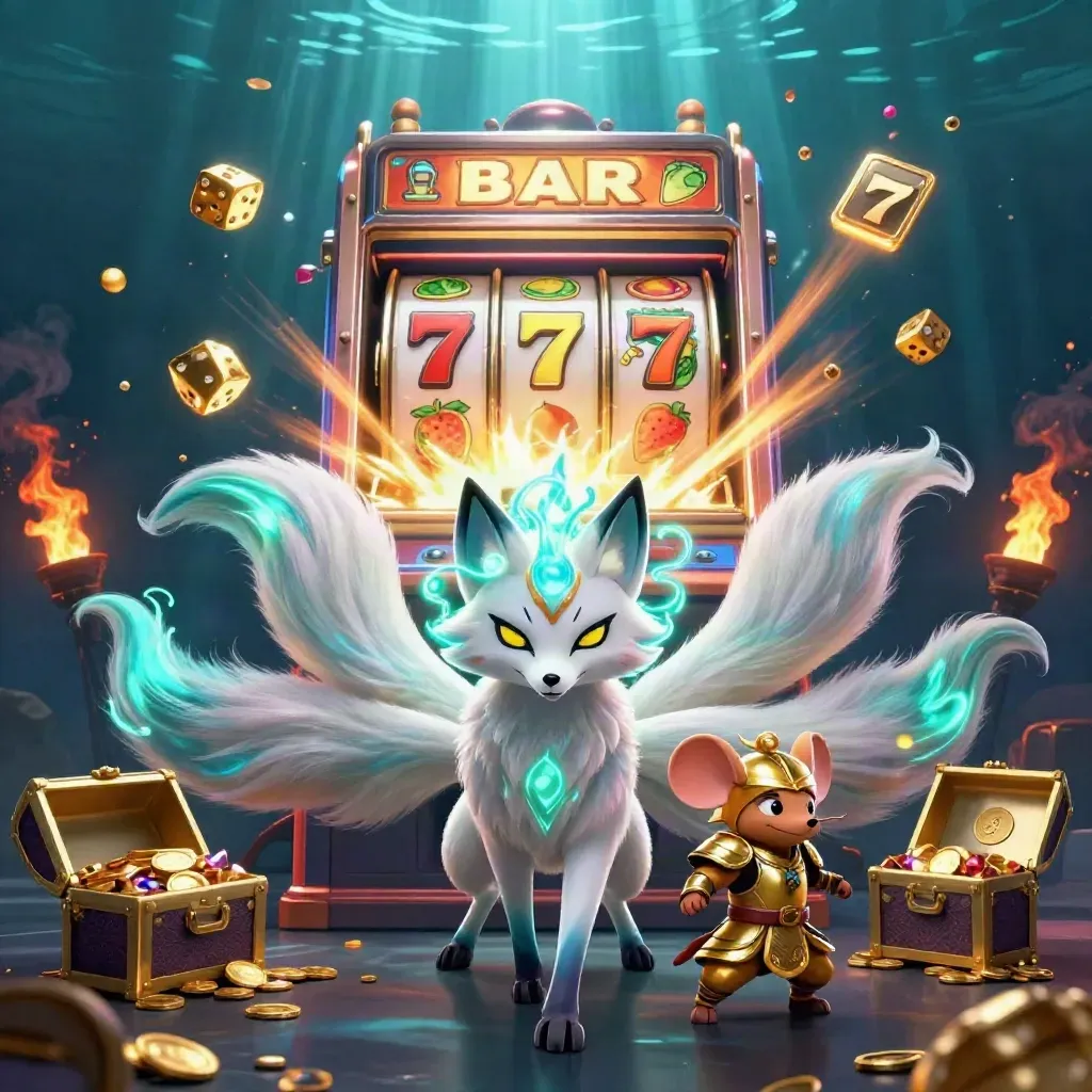 Nine-tailed fox spirit with armored mouse amid slot bursts, gold dice, treasure chest, cyan glow.